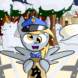 Size: 1000x1000 | Tagged: safe, artist:d3rpy, derpy hooves, pegasus, pony, female, happy halloween, mare, merry christmas, snow, snowfall, snowpony, solo