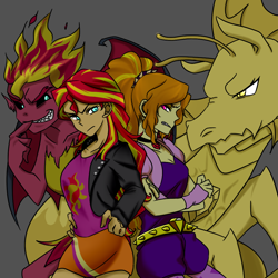 Size: 1000x1000 | Tagged: safe, artist:raika0306, adagio dazzle, sunset satan, sunset shimmer, siren, equestria girls, rainbow rocks, clothes, duo, duo female, fangs, female, gray background, hand on hip, jewelry, looking at each other, pendant, simple background, smiling, villainess