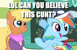 Size: 819x531 | Tagged: safe, derpibooru import, edit, edited screencap, screencap, ms. harshwhinny, rainbow dash, pegasus, pony, flight to the finish, cunt, image macro, meme, this will end in tears, vulgar