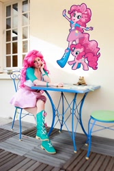 Size: 640x960 | Tagged: safe, artist:clefchan, pinkie pie, human, equestria girls, cosplay, equestria girls outfit, irl, irl human, photo, solo, table