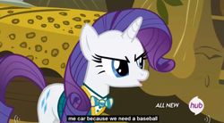 Size: 847x469 | Tagged: safe, screencap, rarity, pony, unicorn, filli vanilli, baseball, hub logo, meme, solo, youtube caption