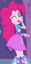 Size: 330x682 | Tagged: safe, screencap, pinkie pie, equestria girls, clothes, female, pink hair, pink skin, smiling, solo