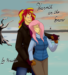 Size: 1280x1408 | Tagged: safe, artist:pasu-chan, fluttershy, sunset shimmer, fanfic:warmth in the snow, series:who we become, equestria girls, cuddling, fanfic, fanfic art, female, height difference, hug, lesbian, shipping, snuggling, story in the source, sunshyne