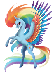 Size: 1832x2480 | Tagged: safe, alternate version, artist:oneiria-fylakas, derpibooru import, rainbow dash, pegasus, pony, colored wings, female, mare, multicolored wings, rainbow power, rainbow wings, rearing, simple background, solo, spread wings, transparent background, wings