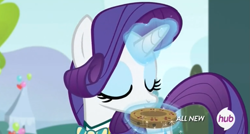 Size: 1241x663 | Tagged: safe, screencap, rarity, pony, unicorn, filli vanilli, blowing, eyes closed, floating object, hub logo, magic, musical instrument, pitch pipe, ponytones, solo