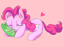 Size: 1324x973 | Tagged: safe, artist:sion, gummy, pinkie pie, earth pony, pony, cute, diapinkes, gummybetes, heart, hug, love, pink background, pixiv, simple background