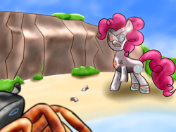 Size: 1280x960 | Tagged: safe, artist:darkstatic42, pinkie pie, rarity, earth pony, pony, unicorn, gipsy danger, jaegerfied, meme, pacific rim, rarity fighting a giant crab, three legged