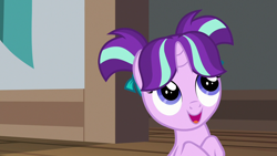 Size: 1280x720 | Tagged: safe, screencap, starlight glimmer, pony, unicorn, uncommon bond, cute, female, filly, filly starlight glimmer, glimmerbetes, open mouth, smiling, solo, younger