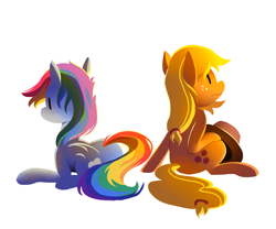 Size: 1280x1067 | Tagged: safe, artist:karzahnii, derpibooru import, applejack, rainbow dash, earth pony, pegasus, pony, cowboy hat, female, hat, hooves, lineless, mare, prone, simple background, sitting, solo, white background, wings