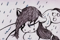 Size: 2320x1546 | Tagged: safe, artist:inky-draws, applejack, earth pony, pony, black and white, crying, grayscale, monochrome, rain, sad, silhouette, unhapplejack, wet