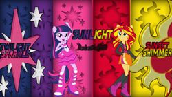 Size: 1280x720 | Tagged: safe, artist:darkaxwolf360, sunset shimmer, twilight sparkle, equestria girls, boots, cutie mark, fall formal outfits, female, high heel boots, lesbian, shipping, sunsetsparkle, wallpaper