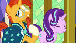 Size: 1280x720 | Tagged: safe, screencap, starlight glimmer, sunburst, pony, unicorn, shadow play, duo, smiling