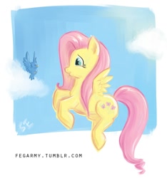 Size: 1000x1070 | Tagged: safe, artist:erysz, fluttershy, bird, pegasus, pony, cloud, cloudy, cute, flying, smiling, solo, spread wings