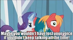 Size: 853x469 | Tagged: safe, screencap, big macintosh, rarity, earth pony, pony, unicorn, filli vanilli, image macro, irony, male, meme, sarcasm, stallion