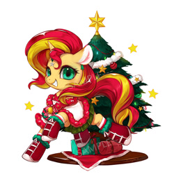 Size: 780x780 | Tagged: safe, artist:ciciya, sunset shimmer, pony, boots, christmas tree, cloak, clothes, cute, grin, hoof boots, plaid, pleated skirt, present, simple background, skirt, smiling, socks, solo, striped socks, tree, watermark