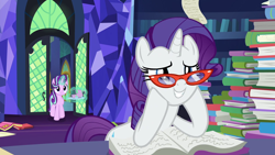 Size: 1920x1080 | Tagged: safe, screencap, rarity, starlight glimmer, pony, unicorn, shadow play, book, cup, glasses, rarity's glasses, teacup