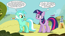 Size: 792x446 | Tagged: safe, derpibooru import, lyra heartstrings, twilight sparkle, adolf hitler, amelia earhart, human fetish, humie, marie curie, my little human, phyllis diller, text