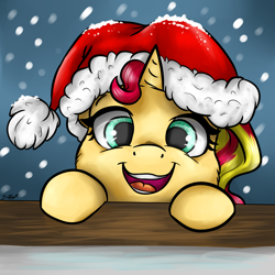 Size: 3024x3024 | Tagged: safe, artist:gaelledragons, sunset shimmer, pony, equestria girls, cute, hat, looking at you, open mouth, santa hat, shimmerbetes, signature, snow, snowfall, solo
