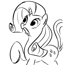 Size: 913x944 | Tagged: artist needed, source needed, safe, rarity, pony, unicorn, female, mare, monochrome, open mouth, raised hoof, solo