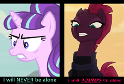 Size: 1350x920 | Tagged: safe, edit, screencap, starlight glimmer, tempest shadow, pony, unicorn, my little pony: the movie, the cutie map, alone, angry, comparison, contrast, cropped, gritted teeth, looking down, text