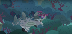 Size: 1218x576 | Tagged: safe, screencap, starlight glimmer, sunburst, twilight sparkle, twilight sparkle (alicorn), alicorn, pony, shadow play, forest, magic, night, ponehenge, ruins, stone, telekinesis