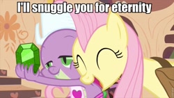 Size: 853x480 | Tagged: safe, fluttershy, spike, dragon, pegasus, pony, image macro, imma snuggle you, nuzzling, snuggling, spikelove