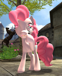 Size: 621x762 | Tagged: safe, artist:dbuilder, pinkie pie, earth pony, pony, 3d, gmod, horse statue, magnifying glass, park, tree