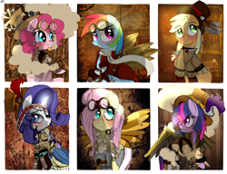 Size: 1300x1000 | Tagged: safe, artist:misspolycysticovary, derpibooru import, applejack, fluttershy, pinkie pie, rainbow dash, rarity, twilight sparkle, twilight sparkle (alicorn), alicorn, earth pony, pegasus, pony, unicorn, clothes, female, mane six, mare, steampunk