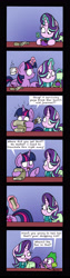 Size: 1303x5178 | Tagged: safe, artist:bobthedalek, spike, starlight glimmer, twilight sparkle, twilight sparkle (alicorn), alicorn, dragon, pony, unicorn, shadow play, clothes, comic, female, magic, magic aura, male, mare, mug, purse, saddle bag, scarf