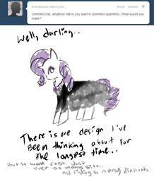Size: 680x780 | Tagged: safe, artist:moonblizzard, rarity, pony, unicorn, ask, clothes, dress, rarity answers, solo, tumblr