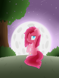 Size: 2240x2940 | Tagged: safe, artist:futaku, pinkie pie, earth pony, pony, bush, crying, moon, moonlight, night, pinkamena diane pie, sad, solo, stars, tree