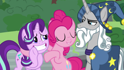 Size: 1920x1080 | Tagged: safe, screencap, pinkie pie, star swirl the bearded, starlight glimmer, earth pony, pony, unicorn, shadow play, cringing, embarrassed, eyes closed, female, frown, lidded eyes, male, mare, smiling, stallion, trio, unimpressed, waving