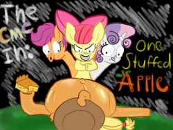 Size: 1024x768 | Tagged: dead source, safe, apple bloom, applejack, scootaloo, sweetie belle, earth pony, pony, belly, cutie mark crusaders, stuffing, title card