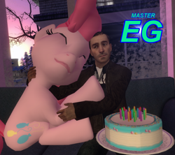 Size: 938x834 | Tagged: safe, artist:dbuilder, pinkie pie, human, 3d, birthday cake, birthday gift, cake, gmod, hug, mastereg, present, sofa