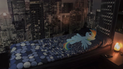 Size: 2560x1440 | Tagged: safe, artist:jengas, derpibooru import, rainbow dash, pony, bed, irl, lamp, photo, ponies in real life, real life background, sad, solo