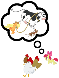 Size: 3881x5103 | Tagged: safe, artist:purplefairy456, apple bloom, applejack, winona, chicken, cow, earth pony, pony, absurd resolution, simple background, transparent background, udder, vector