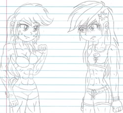 Size: 1187x1091 | Tagged: safe, artist:haleyc4629, derpibooru import, applejack, rainbow dash, equestria girls, applejacked, cross-popping veins, inspired by another artist, lined paper, manga attempt, muscles, stronger than you, traditional art