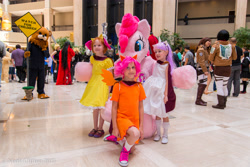 Size: 5520x3684 | Tagged: artist needed, safe, apple bloom, pinkie pie, scootaloo, sweetie belle, human, anime weekend atlanta, convention, cosplay, crossover, cutie mark crusaders, fursuit, irl, irl human, pedobear, photo, target demographic