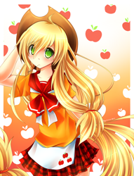 Size: 1100x1437 | Tagged: safe, artist:fenrixion, applejack, human, humanized, pixiv, solo, tailed humanization