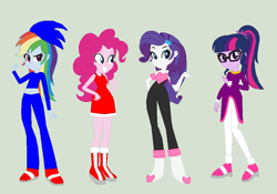 Size: 990x692 | Tagged: safe, artist:eli-j-brony, derpibooru import, pinkie pie, rainbow dash, rarity, sci-twi, twilight sparkle, equestria girls, amy rose, blaze the cat, boots, clothes, costume, crossover, eqg promo pose set, gray background, rouge the bat, shoes, simple background, sonic the hedgehog, sonic the hedgehog (series)