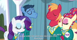 Size: 1152x609 | Tagged: safe, screencap, big macintosh, rarity, toe-tapper, torch song, earth pony, pony, unicorn, filli vanilli, male, meme, stallion, youtube caption