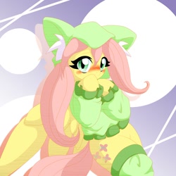 Size: 1000x1000 | Tagged: safe, artist:ragurimo, fluttershy, pegasus, pony, bottomless, cat ears, clothes, cute, fluttercat, leg warmers, partial nudity, pixiv, shyabetes, solo, sweater, sweatershy