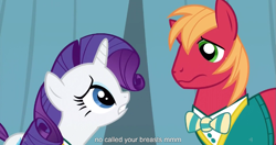 Size: 1151x609 | Tagged: safe, screencap, big macintosh, rarity, earth pony, pony, unicorn, filli vanilli, male, meme, stallion, youtube caption