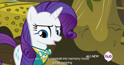 Size: 1151x609 | Tagged: safe, screencap, rarity, pony, unicorn, filli vanilli, bowtie, hub logo, meme, solo, youtube caption