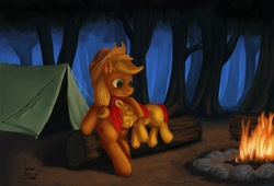 Size: 1150x782 | Tagged: safe, artist:zevironmoniroth, apple bloom, applejack, earth pony, pony, campfire, camping, forest, hug, log, night, sitting, sleeping, tent