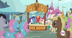 Size: 1152x609 | Tagged: safe, screencap, aloe, big macintosh, daisy, flower wishes, lotus blossom, mayor mare, meadow song, rarity, toe-tapper, torch song, earth pony, pony, unicorn, filli vanilli, hub logo, male, meme, ponytones, spa twins, stallion, youtube caption