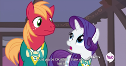 Size: 1151x608 | Tagged: safe, screencap, big macintosh, rarity, earth pony, pony, unicorn, filli vanilli, fetish i, hub logo, male, meme, stallion, youtube caption