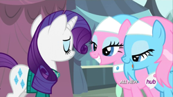 Size: 1920x1080 | Tagged: safe, screencap, aloe, lotus blossom, rarity, pony, unicorn, filli vanilli, hub logo, lidded eyes, out of context, spa twins