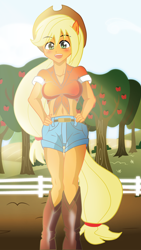 Size: 1000x1778 | Tagged: safe, artist:ruhisu, applejack, anthro, ambiguous facial structure, belly button, clothes, daisy dukes, front knot midriff, midriff, solo