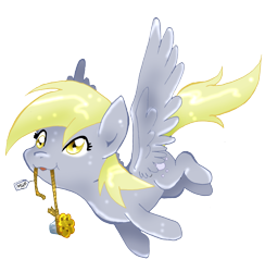 Size: 1289x1320 | Tagged: safe, artist:kristyd, derpy hooves, pegasus, pony, chibi, female, flying, mare, mouth hold, muffin, solo